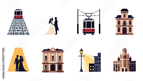 Charming urban scenes: wedding silhouettes and iconic buildings in flat design
