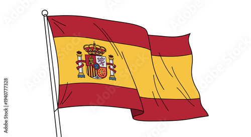 Waving spanish flag in cartoon style: national symbol on white background