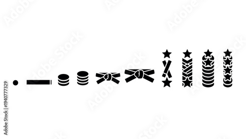 Karate belt progression icon set with stars and stripes in black silhouette style