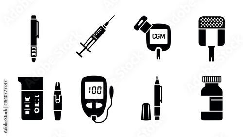 Essential diabetes management tools in modern medicine silhouette set
