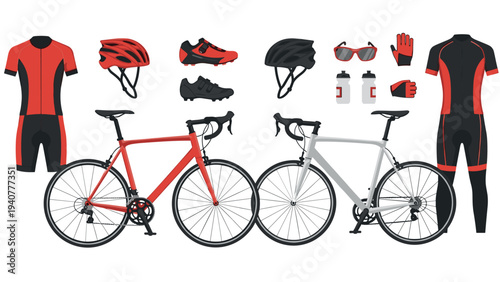 Cycling gear and road bikes collection in modern flat design