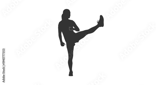Black silhouette of a woman kicking her leg up in a dynamic pose vector