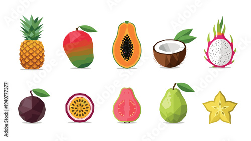 Tropical fruits collection: mango, papaya, coconut, dragon fruit, and more in a colorful flat style