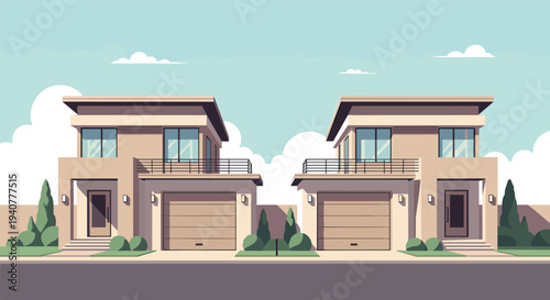 Modern suburban architecture with flat style twin houses and minimalist landscape
