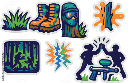 Playful paintball adventure stickers with vibrant comic art style