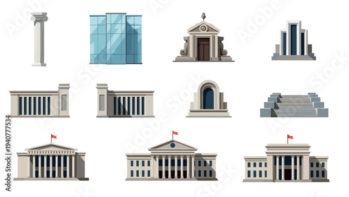 Collection of diverse architectural structures in flat design style