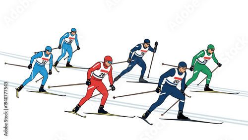 Animated flat illustration of athletes in a cross country skiing race with dynamic movements
