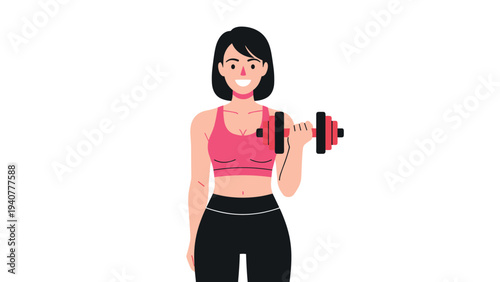 Active woman holding dumbbell in modern flat style for fitness and exercise concepts