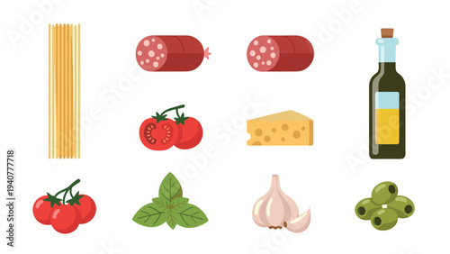 Italian cuisine ingredients set of pasta, salami, cheese, olive oil, and vegetables