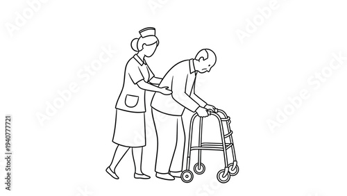 Nurse assisting elderly man with walker in line art style