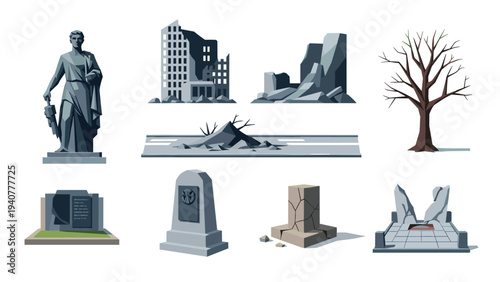 Modern ruins: urban decay with statues and gravestones in flat style