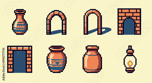 Retro pixel art: clay jars and brick structures with shadow effects
