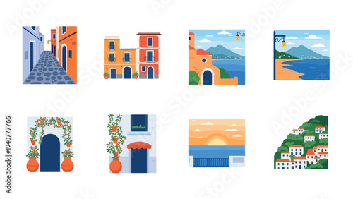 Charming mediterranean scenery: vibrant buildings, coastal views, and serene sunsets