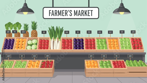 Farmer's market fresh produce display with vegetables and fruits