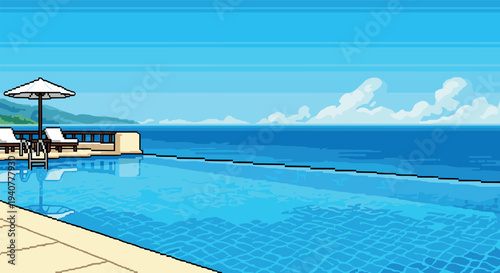 Tranquil poolside oasis overlooking ocean in retro pixel art style
