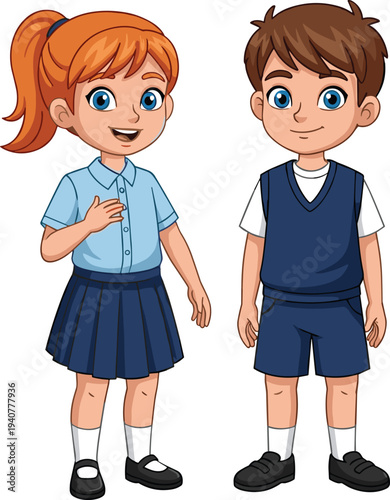 Cute boy and girl students in school uniform, young children standing together with polite expressions cartoon vector illustration