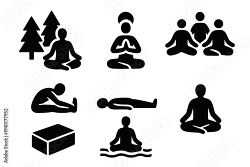 Mindfulness and yoga silhouettes for meditation and relaxation