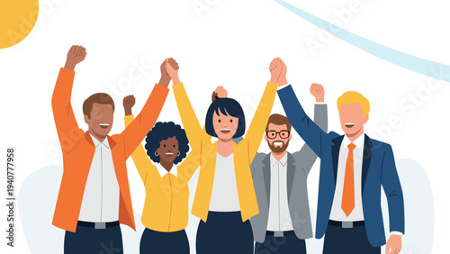 Diverse team celebrating success with raised hands in flat design