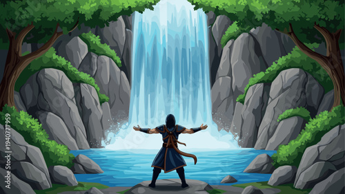 Adventurous figure in fantasy landscape with majestic waterfall and lush forest