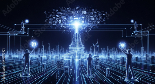 Futuristic Digital Cityscape with People Interacting with Technology.