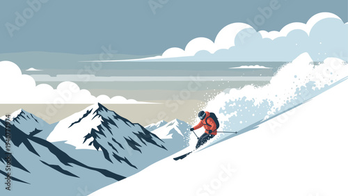 Dynamic skier on snowy mountain slope with majestic cloudy sky and rugged peaks
