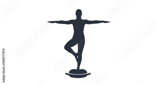 Vector yoga balance icon, silhouette of person in tree pose on balance board