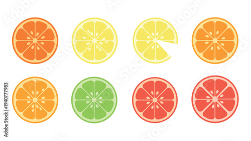 Colorful citrus fruit slices in flat style: orange, lemon, lime, grapefruit