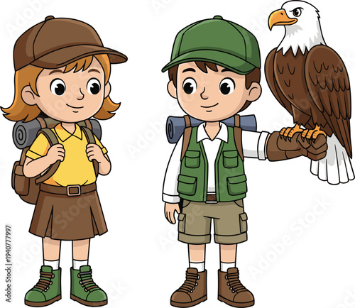 Cute boy and girl scouts with a bald eagle, young explorers with backpack and hunting hawk cartoon vector illustration