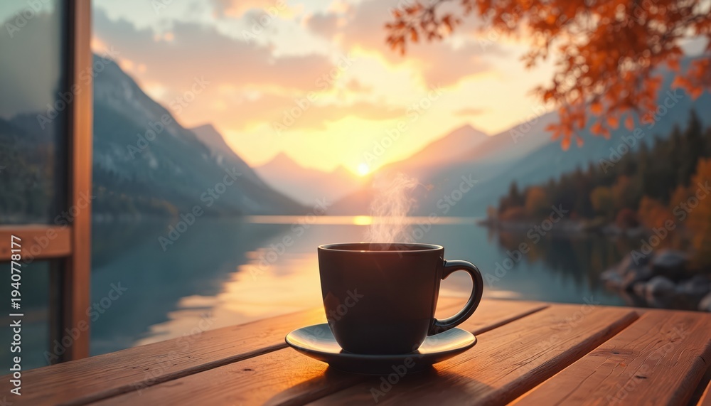 Naklejka premium Steaming coffee cup sits on wood table by lake. Mountains and trees create autumn landscape. Sun rises over water casting warm light. Peaceful morning scene offers calm.