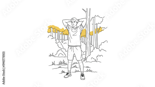 Outline of a man stretching in forest setting with trees and clouds