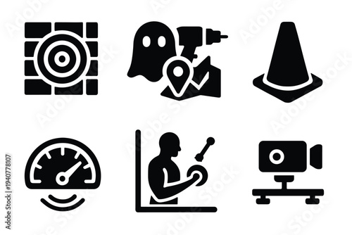 Black silhouette icons: target, ghost, cone, speedometer, operator, camera