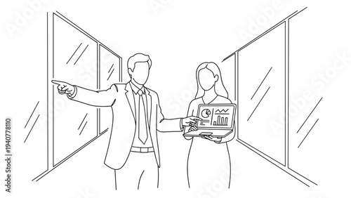 Business team discussing data in modern office line art