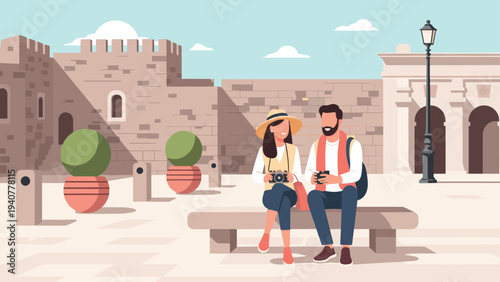 Couple enjoying a vacation: outdoor urban exploration with cameras in hand