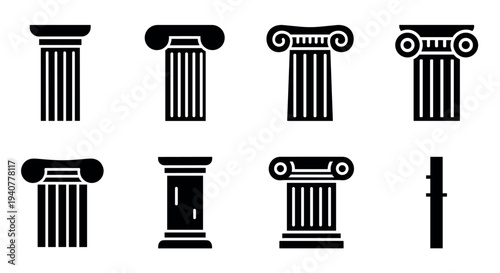 Collection of ancient architectural column designs in bold black silhouette style