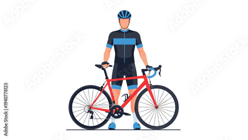 Cyclist in professional gear holding a road bike on white background