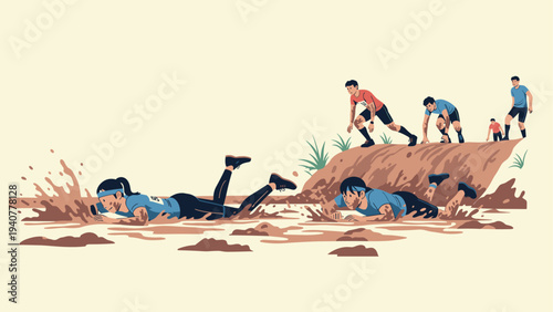 Adventure race mud challenge: athletes conquer obstacle course with determination and teamwork