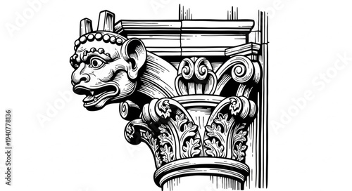 Gargoyle Sculpture Architectural Detail Black and White Illustration.
