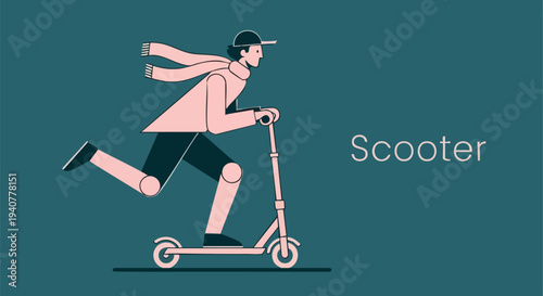 Dynamic Flat Design Vector Illustration of a Young Man Riding a Scooter with a Scarf and Cap, Depicting Fast Urban Commuting and Modern Lifestyle