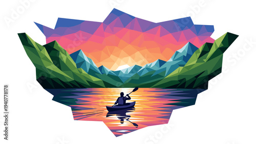Geometric sunset lake: vibrant landscape with mountains and kayaker
