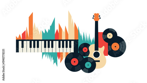 Retro music design with vinyl records, guitar, and piano in flat style