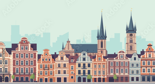 Charming cityscape with historic european architecture and skyline silhouette