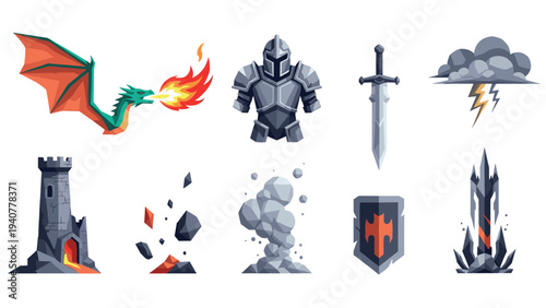 Fantasy elements collection: dragon, knight armor, sword, and shield