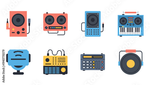 Set of retro audio equipment icons in flat design style
