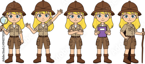 Set of cute blonde girl scout characters in safari uniform, collection of young female explorers with magnifying glass book and hiking stick cartoon vector illustration