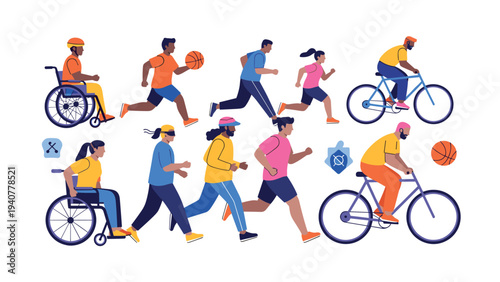 Diverse people engaged in outdoor activities including running and cycling