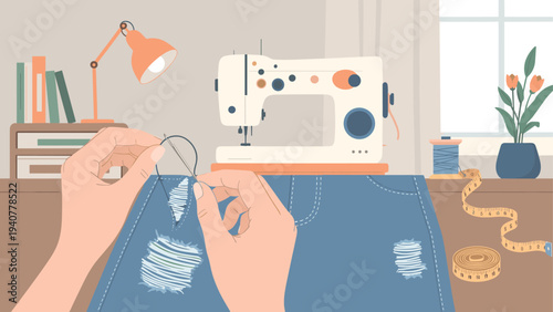 Cozy sewing room with hands repairing jeans and vintage sewing machine in warm tones