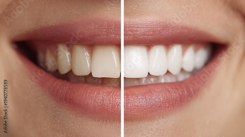 A before and after comparison of a person's smile with yellowing teeth and a bright white smile