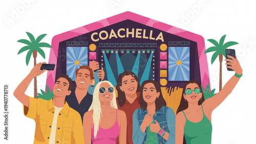 Friends taking selfies at colorful coachella music festival with palm trees