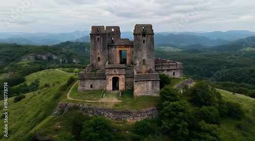 Ancient stone fortress perched on a lush green hill amidst rolling mountains
