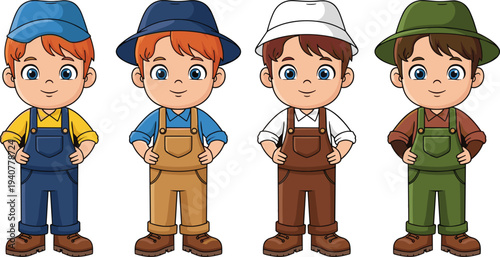 Set of cute little boy characters in colorful overalls and hats, collection of young male children standing in different outfits cartoon vector illustration